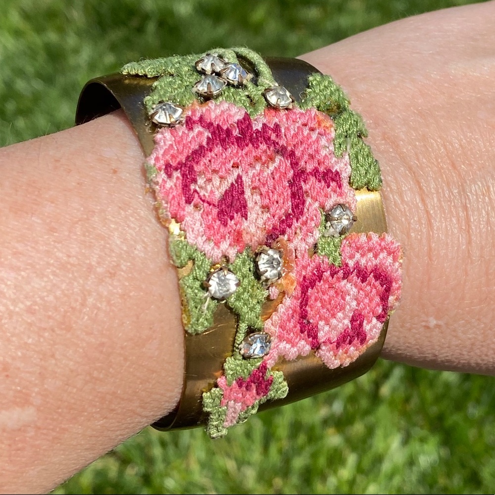 Victorian steampunk upcycled cuff bracelet embroidery on brass